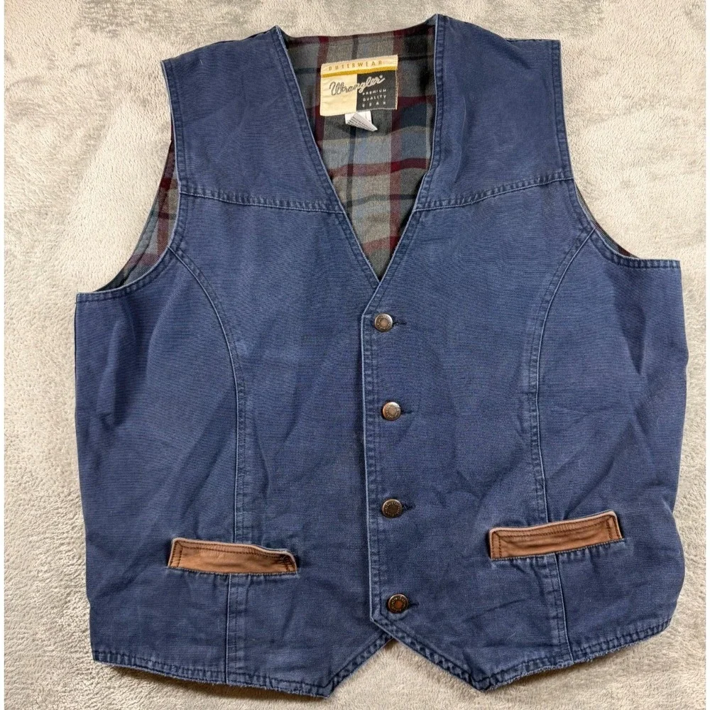 Wrangler Premium Outerwear Vest Men's L Blue Plaid Lined Western Ranch